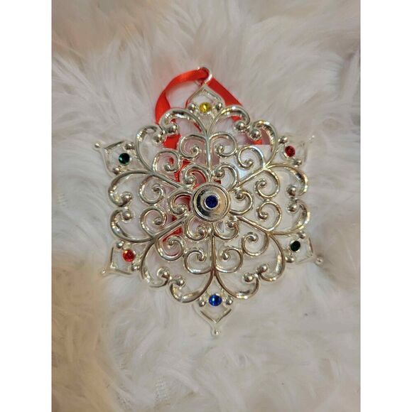Lenox Sparkle & Scroll Holiday Ornament Snowflake Multicolor Crystals on Silver - Picture 1 of 4